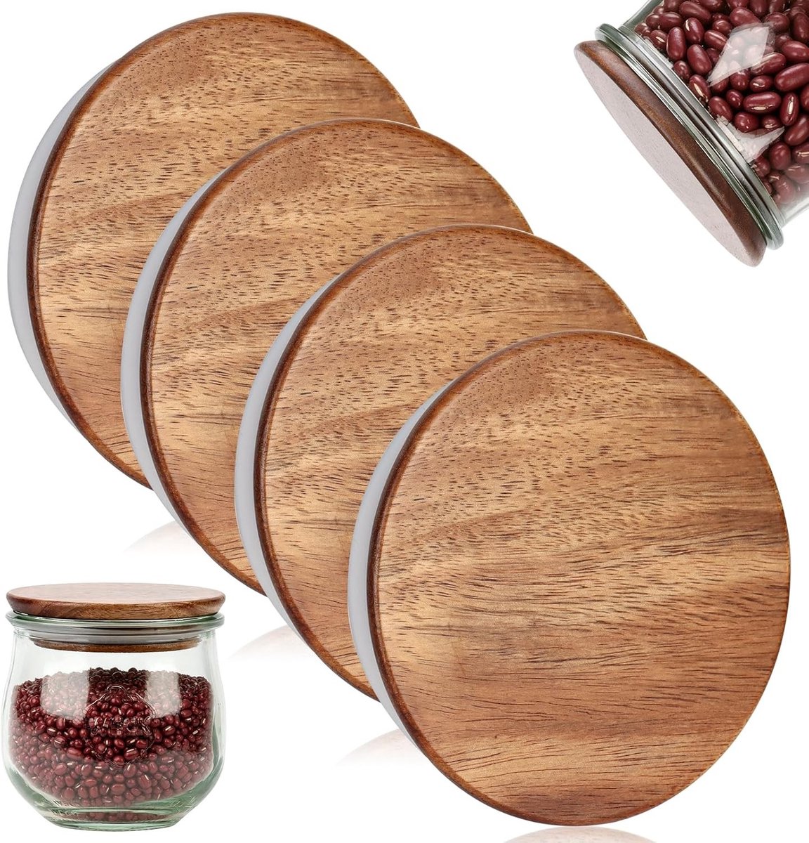 Set van 4 luchtdichte deksels voor weckglazen met een diameter van 80 mm, acaciahout, herbruikbaar en geschikt voor diverse modellen zoals 900, 976, 746, 901, 996 en 958