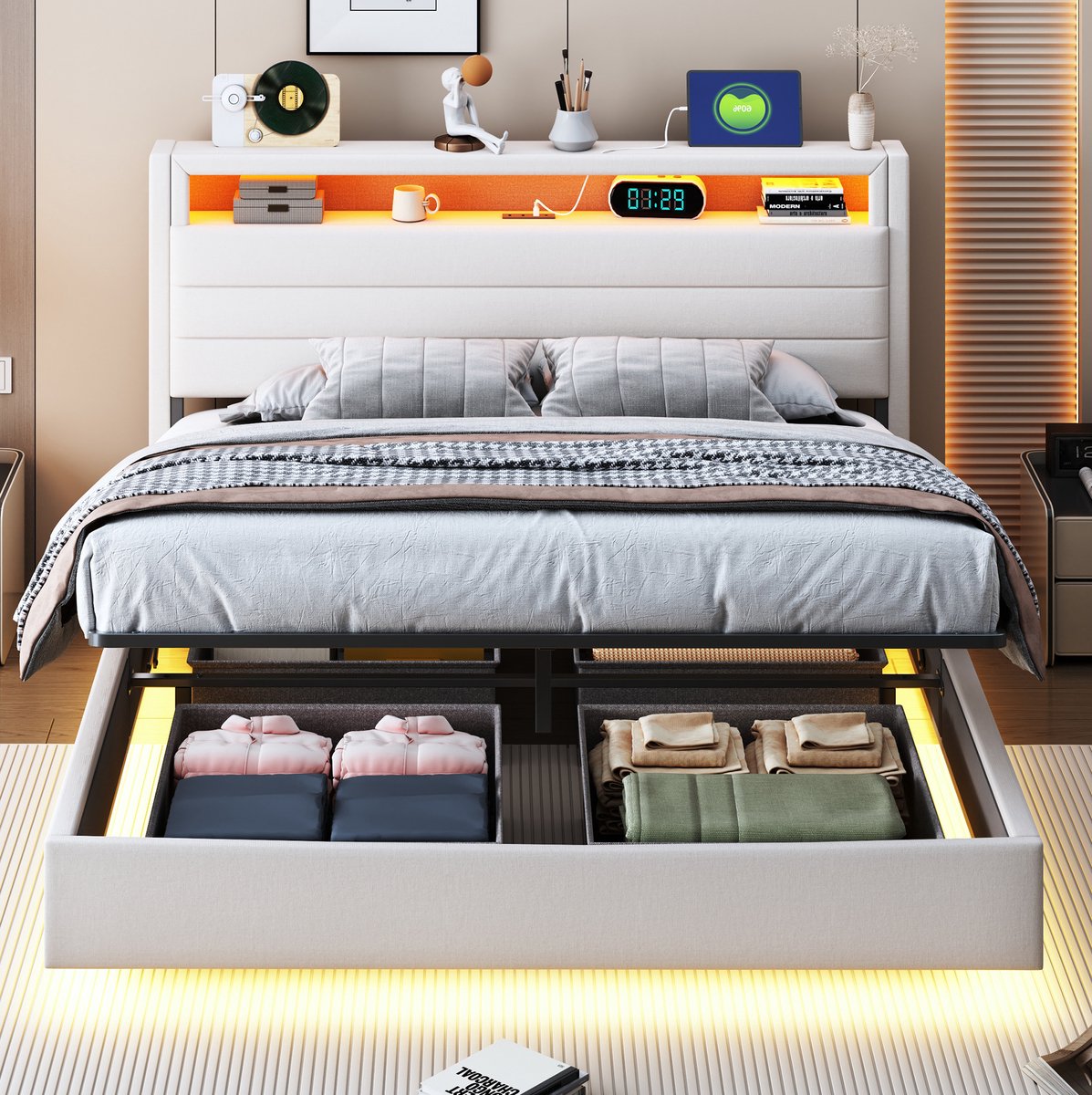 COVREO Bed 140x200 cm - beige bedframe met opbergruimte, zonder matras