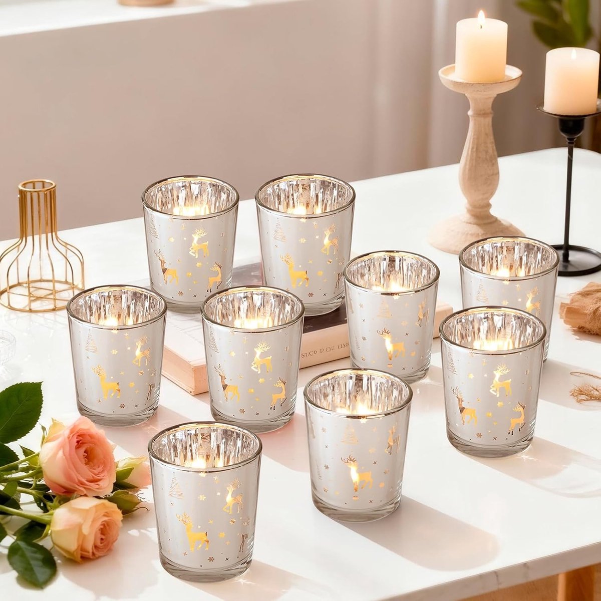 12 Stuks Theelichthouders van Glas voor Kerstmis - Decoratieve Theelichtjes, Windlichten en Lanterns voor Feestelijke Versiering