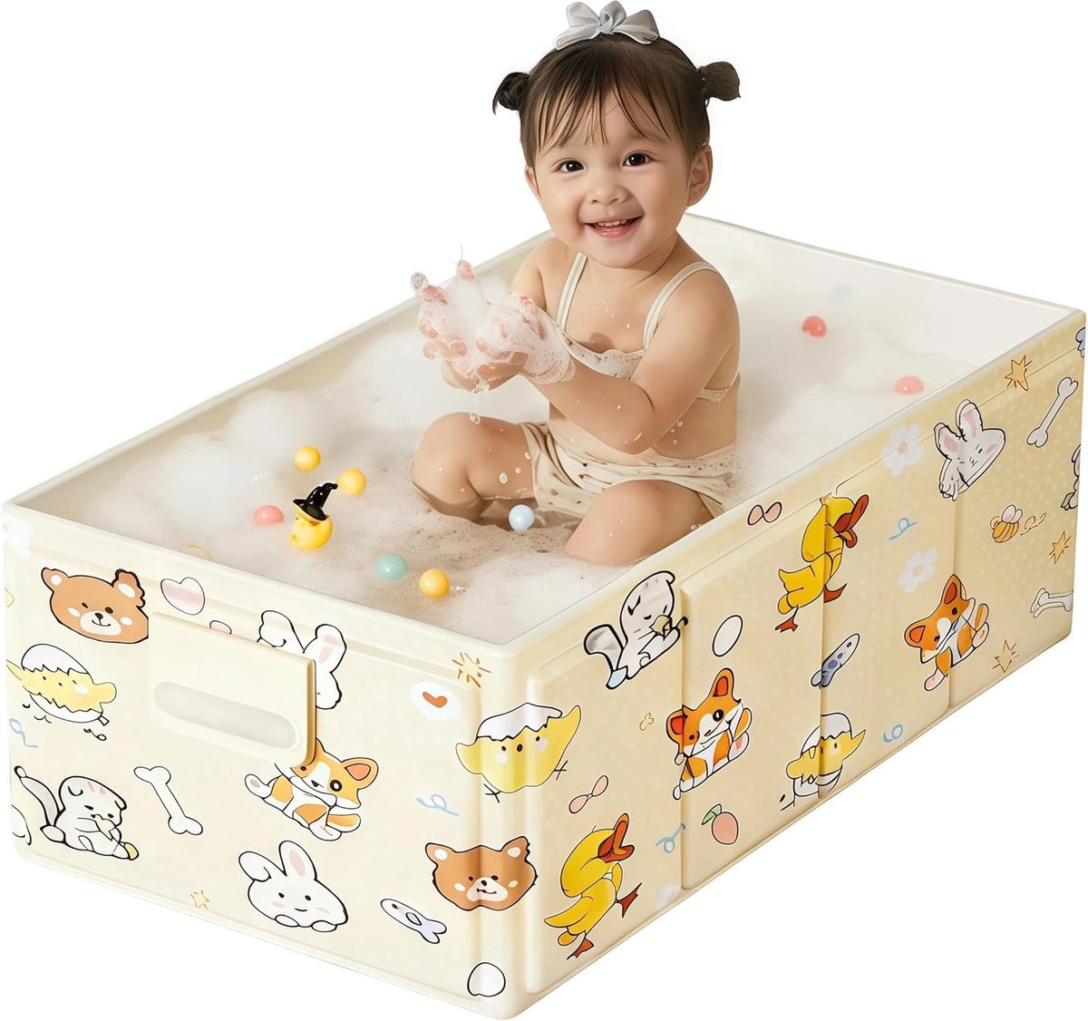SnelShoppen - Opvouwbaar Babybad met Schattige Dierenprint, Draagbaar Babybad 80 x 40 x 22 cm, Geel, Ideaal voor Thuis, Vakantie, Tuin en Camping