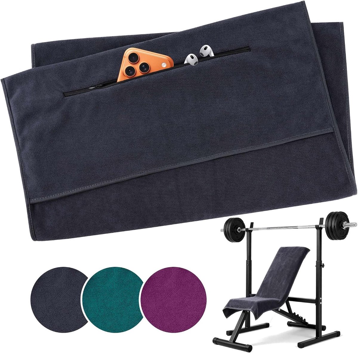 SnelShoppen - Fitnesshanddoek 120 x 50 cm, Sporthanddoek met Ritsvak, Hoogwaardige Microvezel, Super Zweetabsorptie, Gymhanddoeken voor Sportschool en