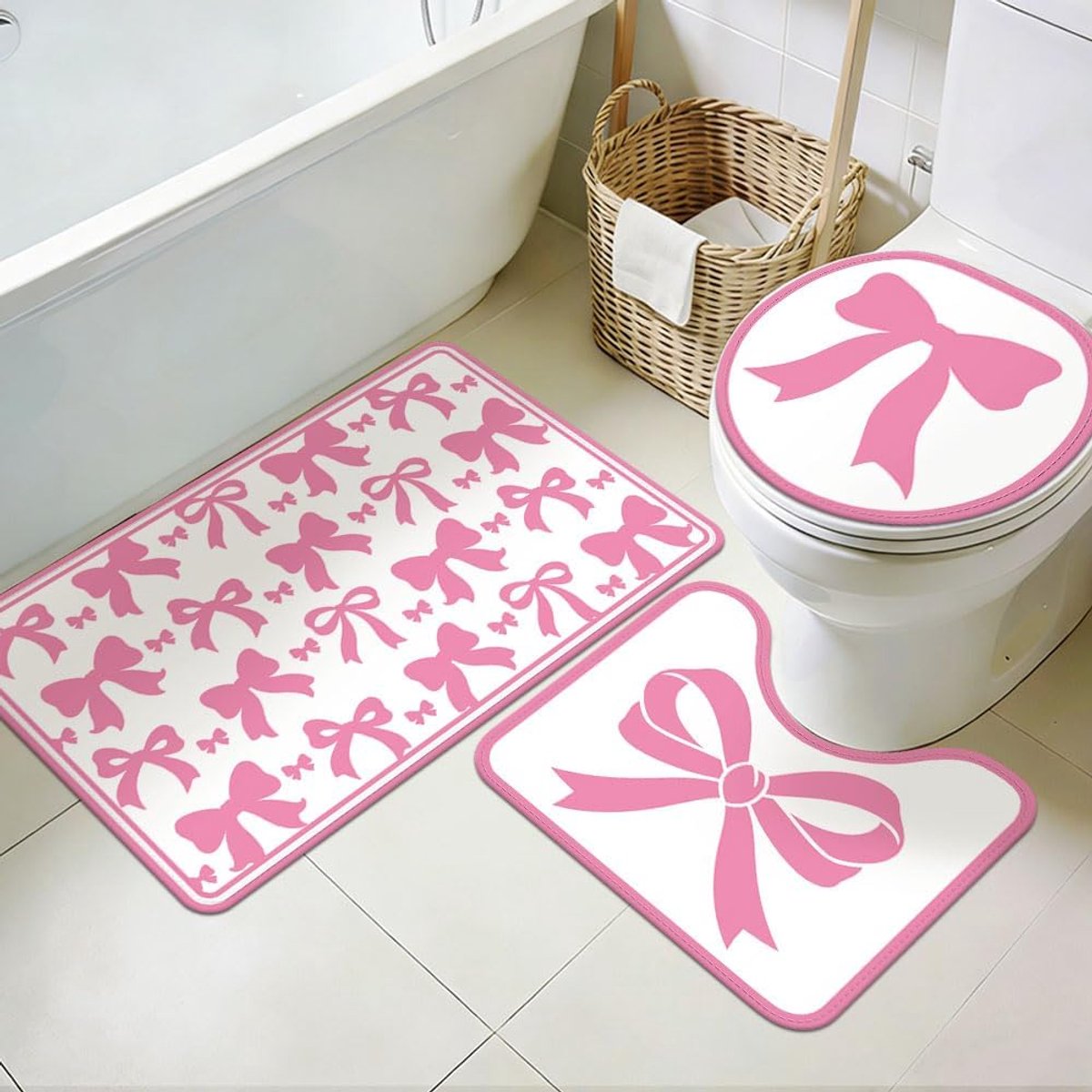 SnelShoppen - 3-delige badkamertapijten set met schattige strikken, wasbare antislip badmatten voor badkamer, toiletmatten, zachte en dikke roze badma