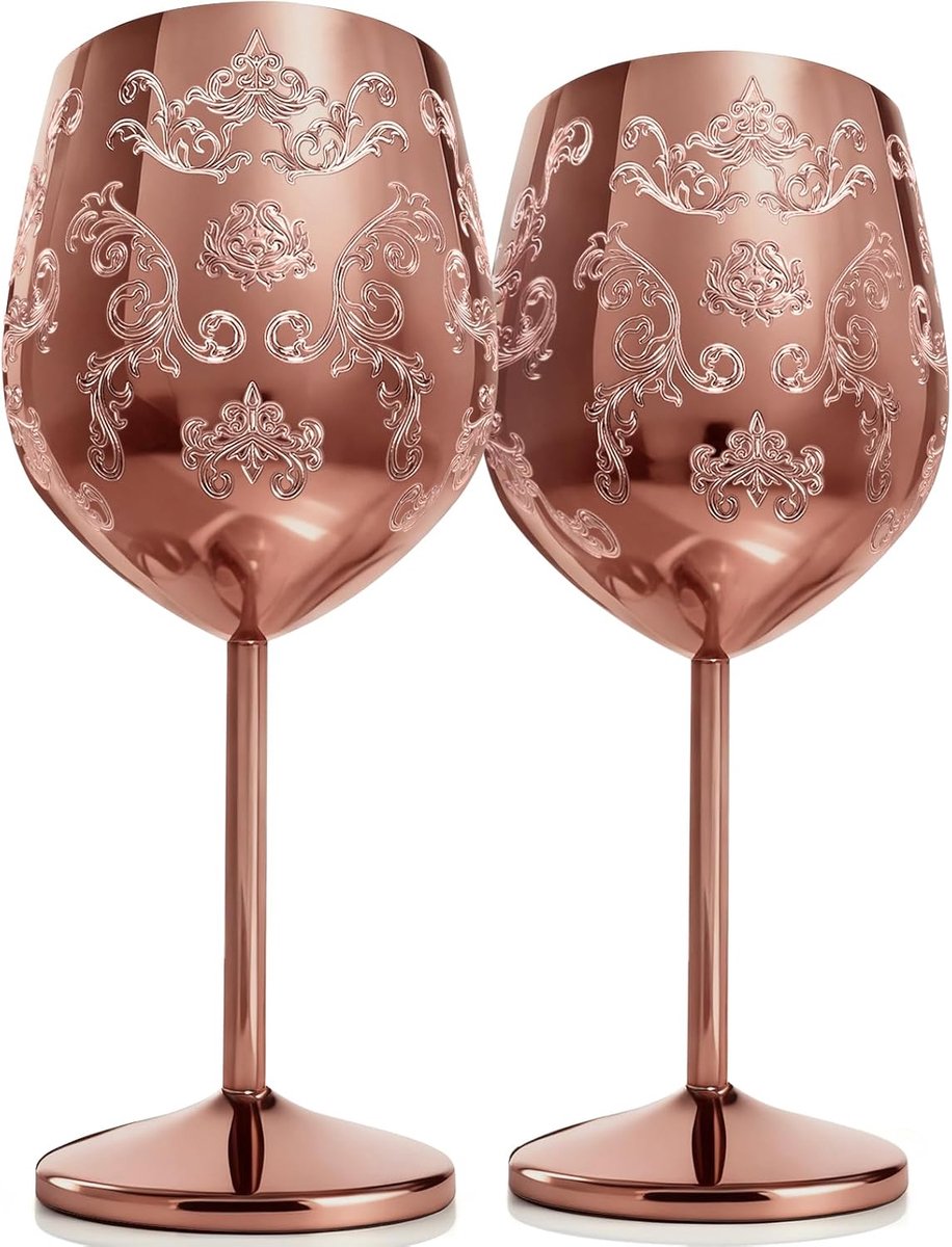 SnelShoppen - RVS Wijn Glazen Set van 4 - Engraving Patroon - Shatterproof Rose Gold - 550 ml - Perfect voor Feesten, Camping en Picknicks