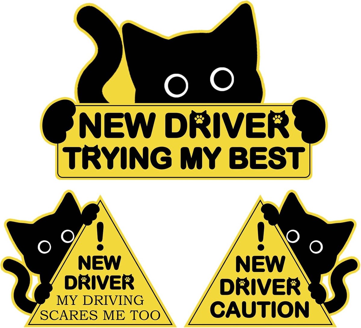 SnelShoppen - 3 Stuks Zwarte Kat Nieuwe Auto Rijdende Magneten, Grappige Nieuwe Bestuurder Magneten voor Auto, Wees Geduldig Veiligheidswaarschuwingsb