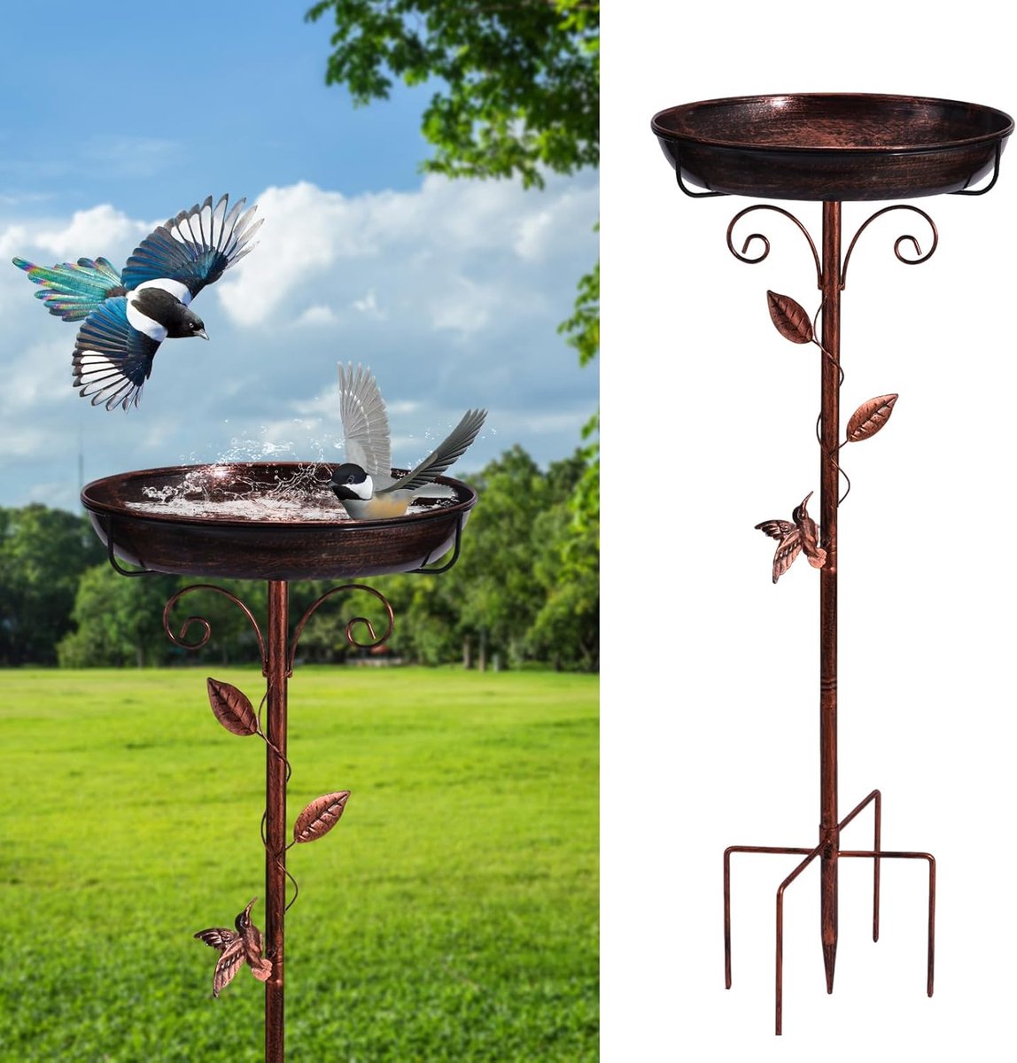 SnelShoppen - Vogelbad voor de Tuin, Vogeltränke Stehend, 39Inch Vintage Metaal, Vrijstaand Vogelbad met 5-Zinken Basis, Grote Vogeltränke Frostbesten