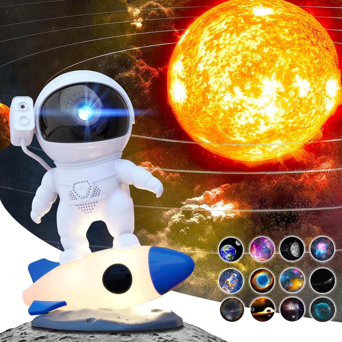 Astronaut Planetarium Projector, Projector voor Slaapkamer, HD Vervangbare 13 Film Discs & Verstelbare Focus Lens, Rocket Nachtlicht, Geplafonneerd Licht met Timer