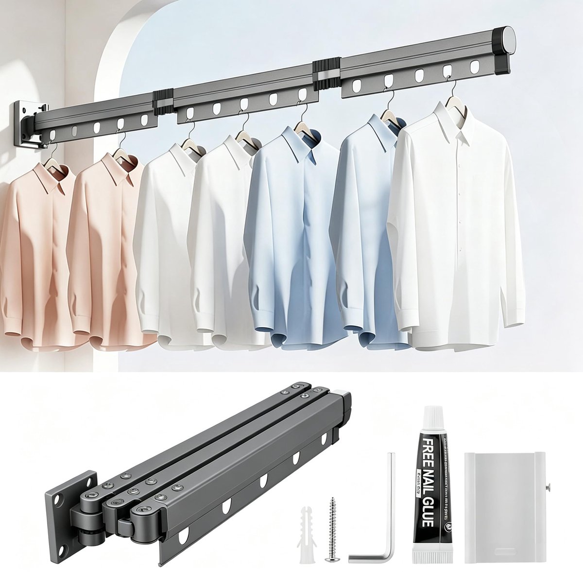 SnelShoppen - Opvouwbare Douchegordijnstang met Zuignap, 3-voudig, 126 cm, Verstelbare Hoek, Wandmontage, Hoekgordijnstang, Zonder Boren, Buigzaam voo