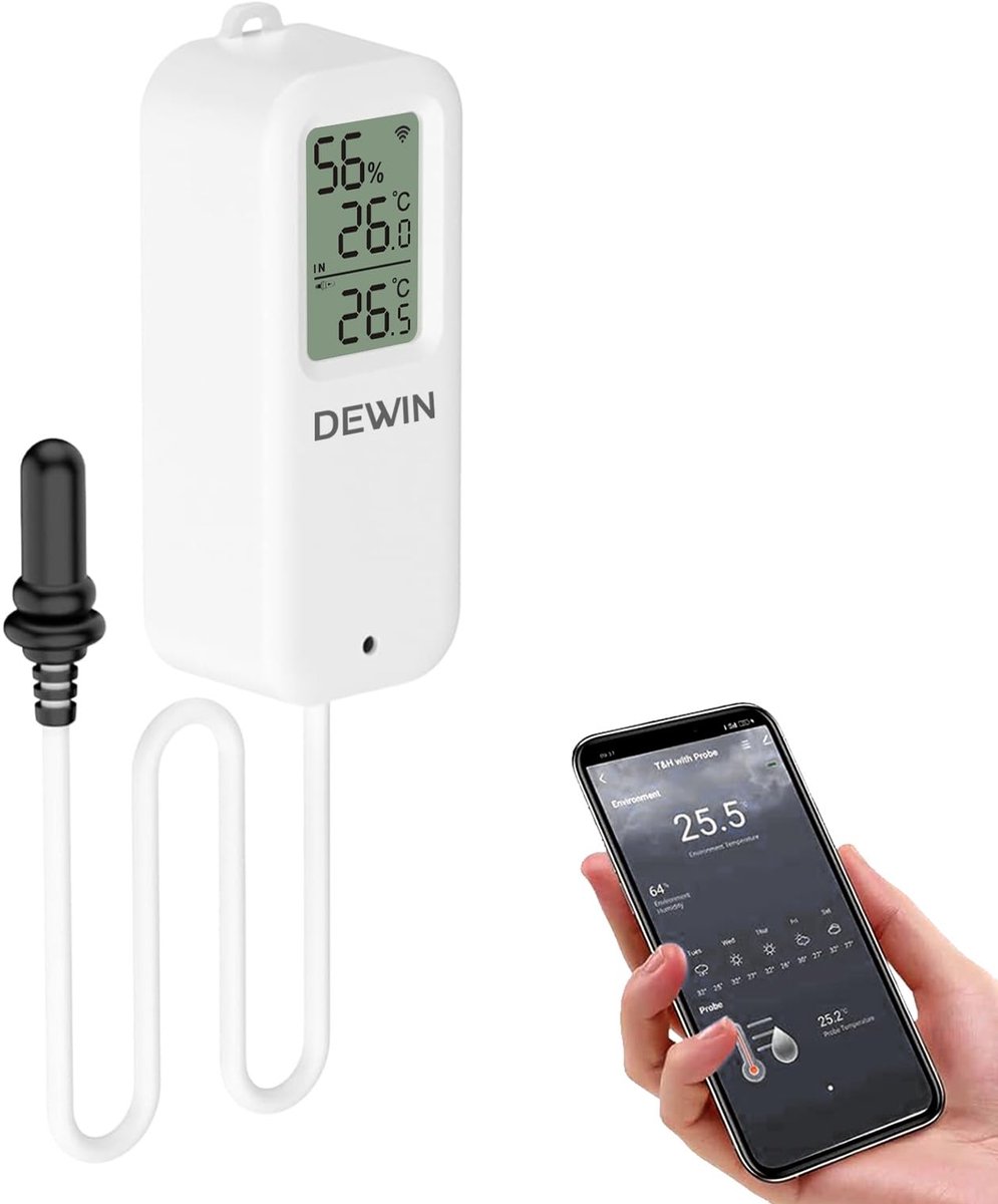 SnelShoppen - WLAN Thermometer Hygrometer met LCD-display voor Binnen en Buiten, Tuya WiFi Temperatuursensor met Externe Sonde voor Aquaria, Nauwkeuri