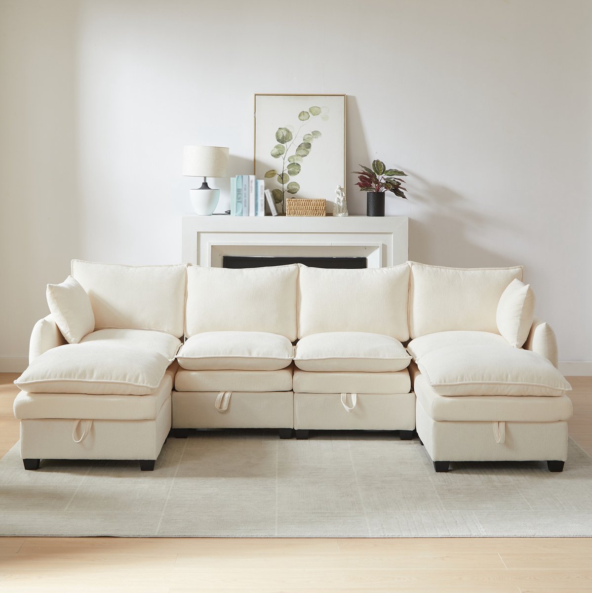 STILVORA U-Bank 281 X 147 X 89 Cm - Modulaire Bank Met Opbergruimte En Hockers - Voor Woonkamer En Kantoor - Chenille Beige