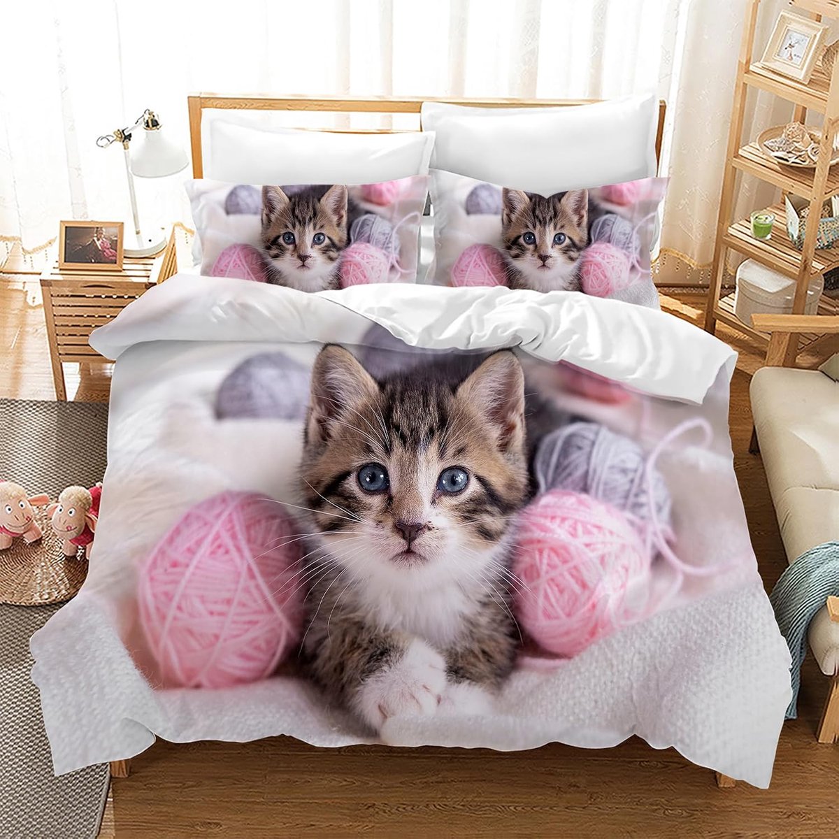 SnelShoppen - Bedding Set Kat Patroon 200 x 200 cm - 3D Kat Motief Microfibre Dekbedovertrek - Dierenprint Bedlinnen voor Kinderen en Jongeren - 3-del