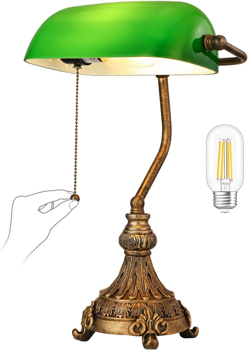 SnelShoppen - Vintage Groene Glazen Banker Bureau Lamp met Trekschakelaar - Inclusief E27 LED Lamp voor Thuis, Kantoor, Bibliotheek, 39cm x 28cm
