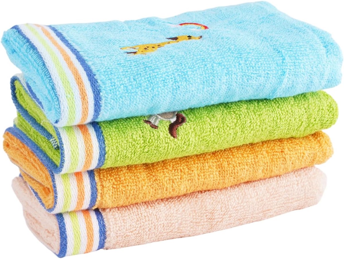 SnelShoppen - 4x Zachte Kinderwashandjes 25x50cm Katoen Herbruikbare Badhanddoeken met Dieren Borduursels - Voor Hand, Gezicht, Voeten, Speelgoed en D