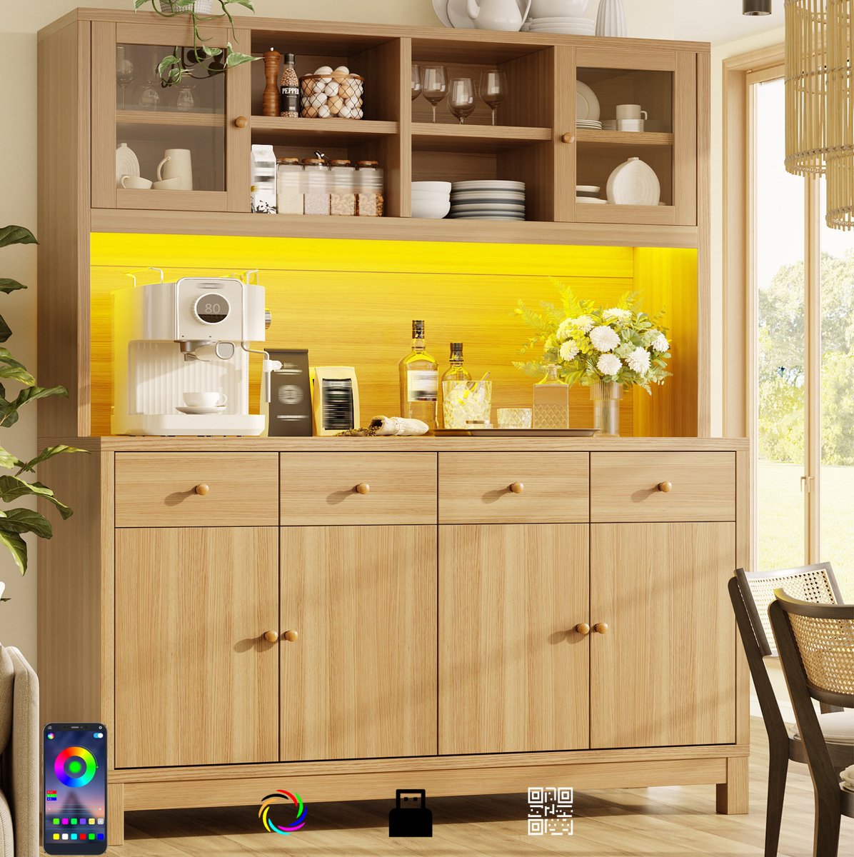 DESMIU Buffetkast - Hoog Kast Met App Gesteunde RGB Led En Glazen Deuren - 4 Lades En Verstelbare Planken - Hout - 140x38,5x180 Cm