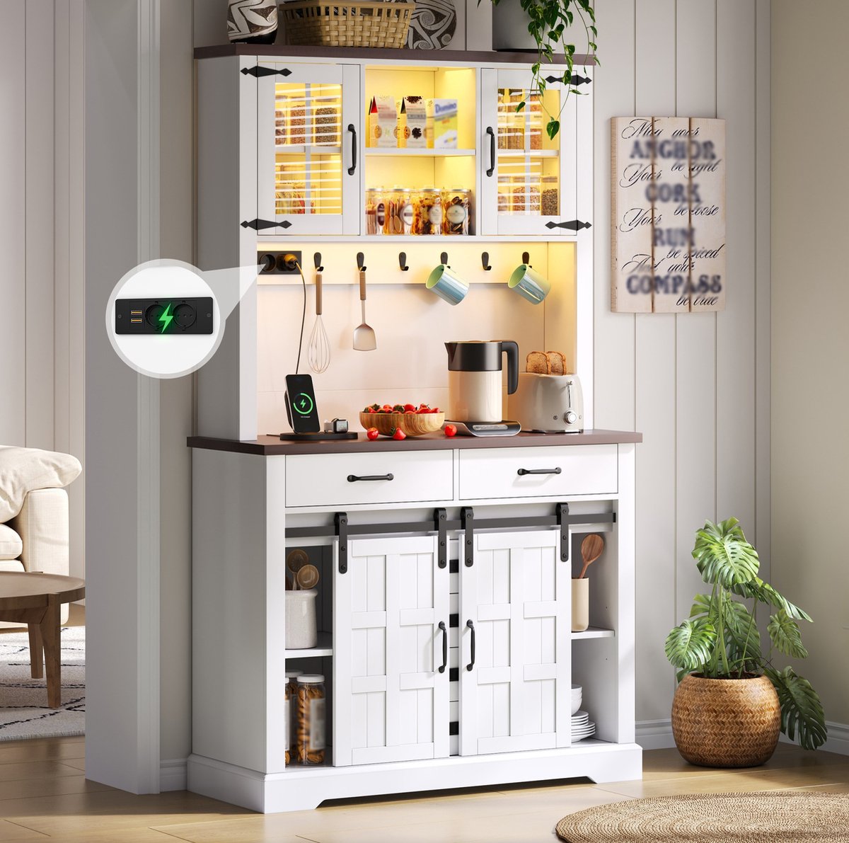 DESMIU Keukenkast - Buffetkast Met LED-Verlichting En Stopcontact - 6 Lades Verstelbare Planken En Haken - MDF - 108x40x180 Cm - Wit