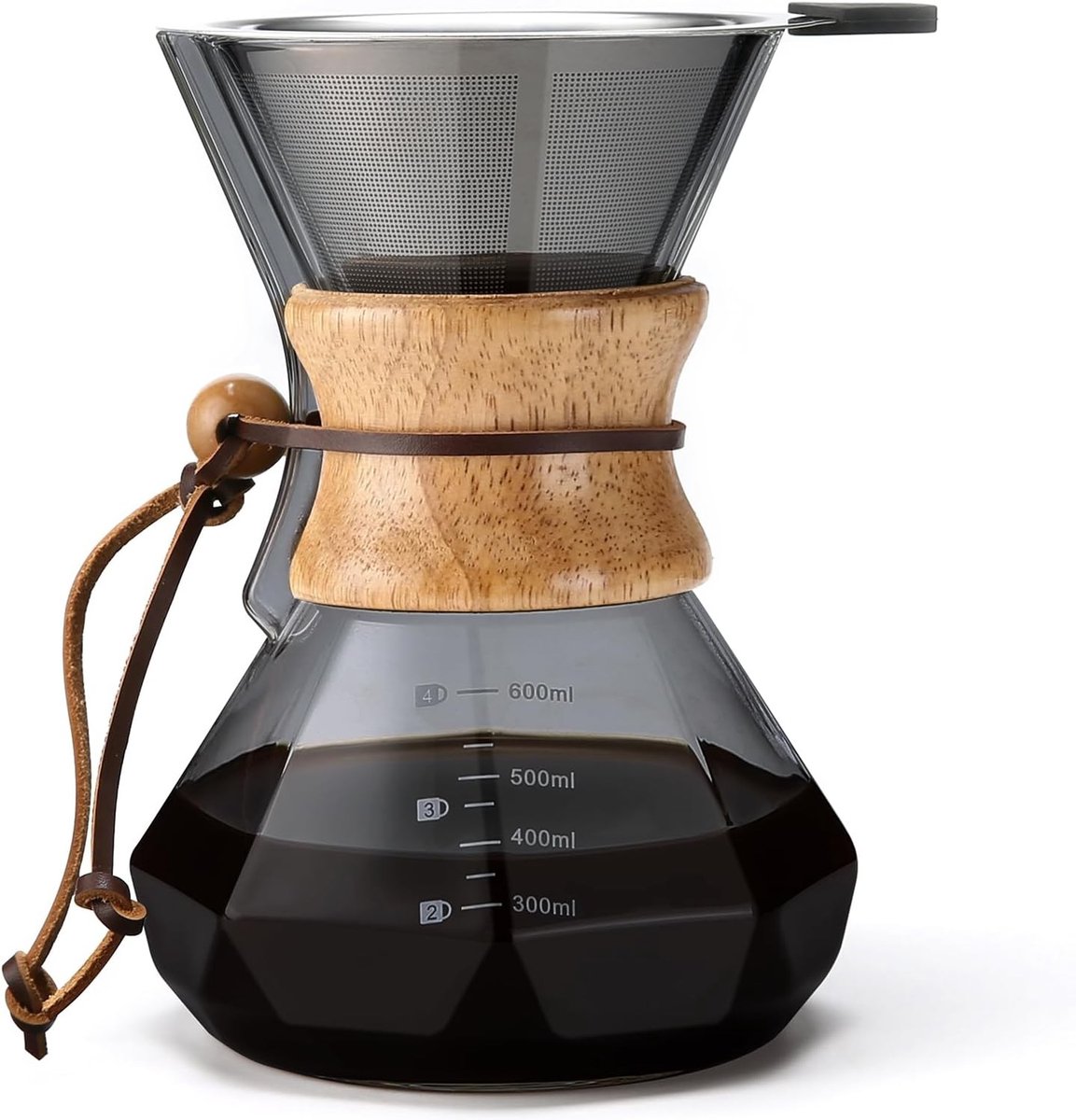 Koffiezetapparaat met Herbruikbaar RVS Filter, 20 oz Borosilicaat Glazen Koffiekan, Houten Handvat, Voor Perfecte Koffie en Drip Brewing, 600ml Capaciteit