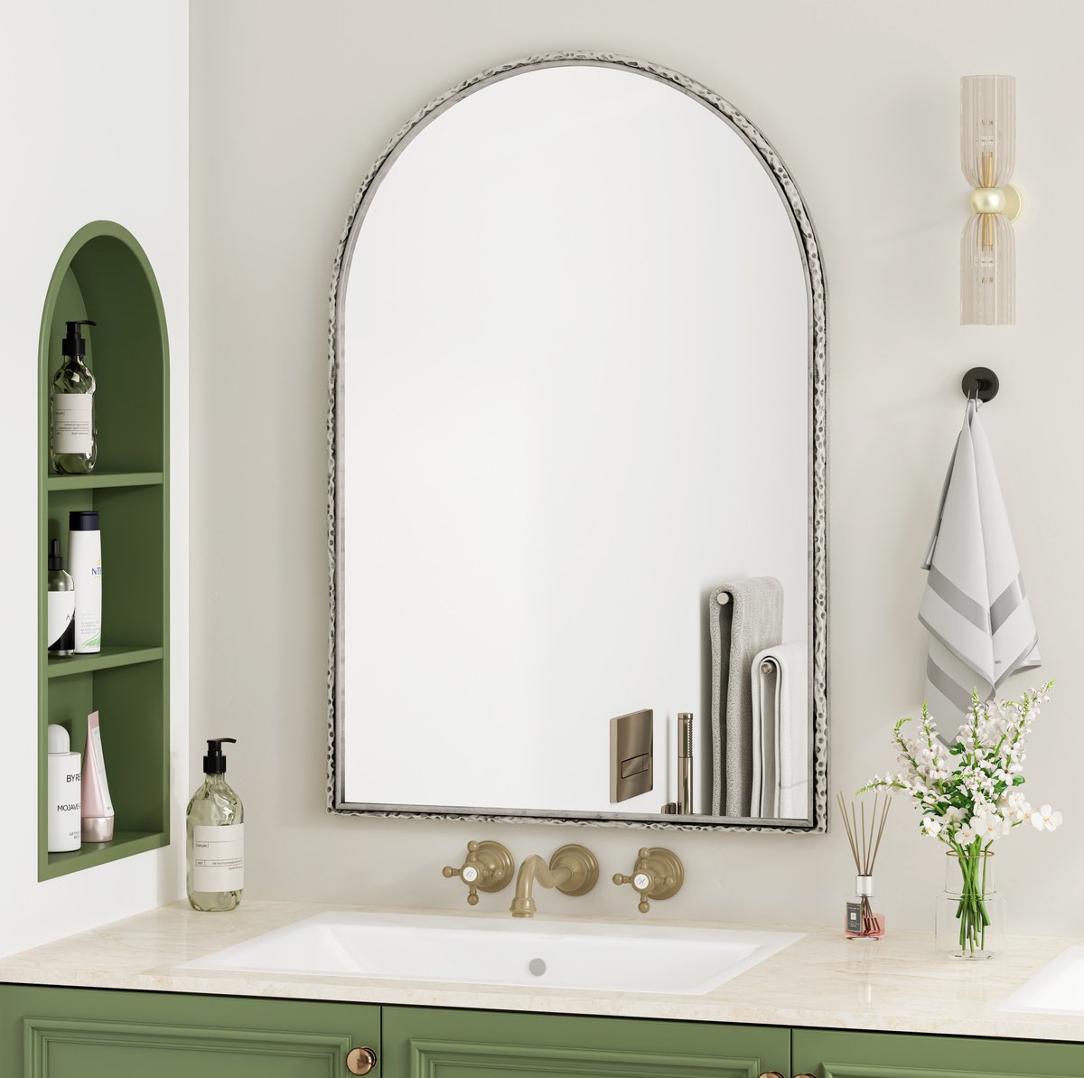 Wandspiegel Halfrond 61 cm Met Lijst - Glas en IJzer - Zilver - Voor Badkamer en Woonkamer Decoratie
