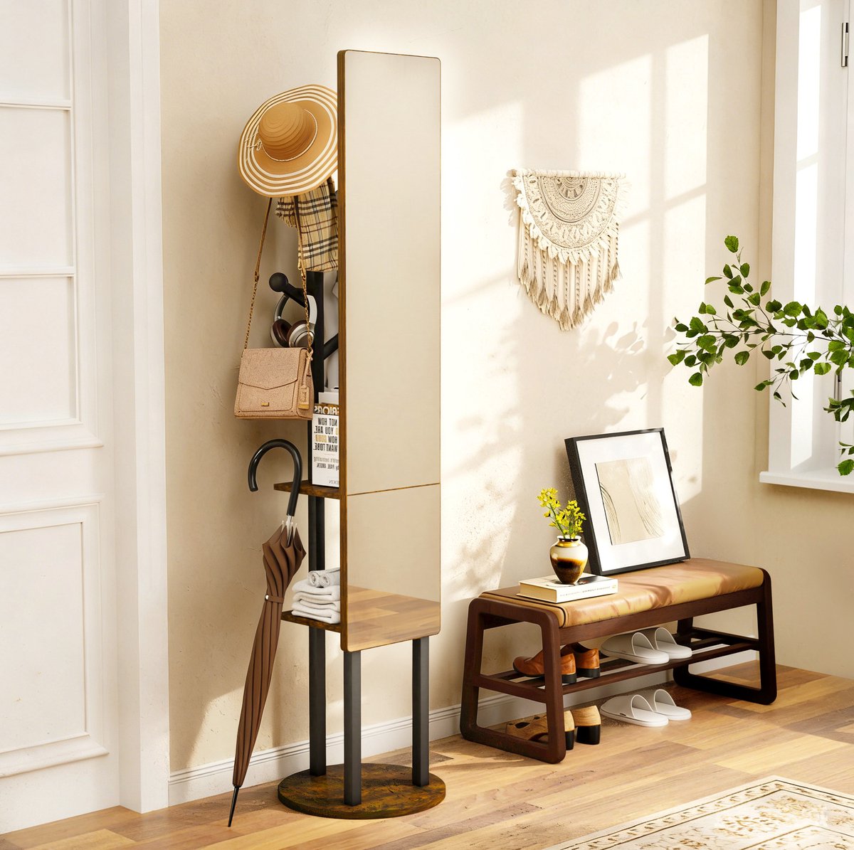 Kledingrek Spiegel 360 Graden Draaibaar Met Plank 174 x 40 cm Spaanplaat Staal Zwart Bruin