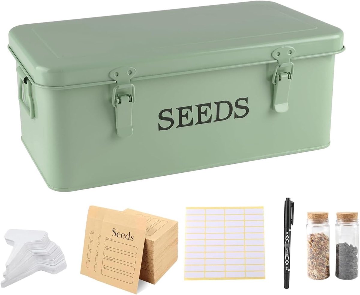 SnelShoppen - Opbergdoos voor Zaaigoed met Slot, Metalen Zaadorganizer met 4 Vakken, Inclusief 12 Buisjes, 30 Enveloppen, 20 Etiketten & 1 Pen, Vintag