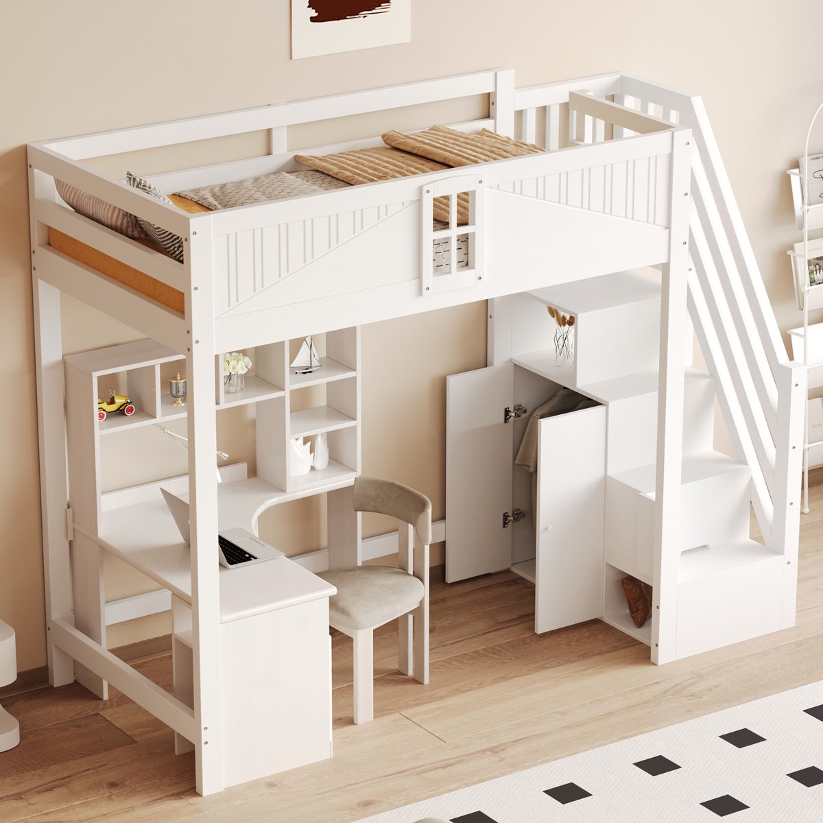 COVREO Hoogslaper met zijladder – Huisbed met opbergruimte – Stapelbed voor kinderkamer – 90x200 cm – Wit - zonder matras