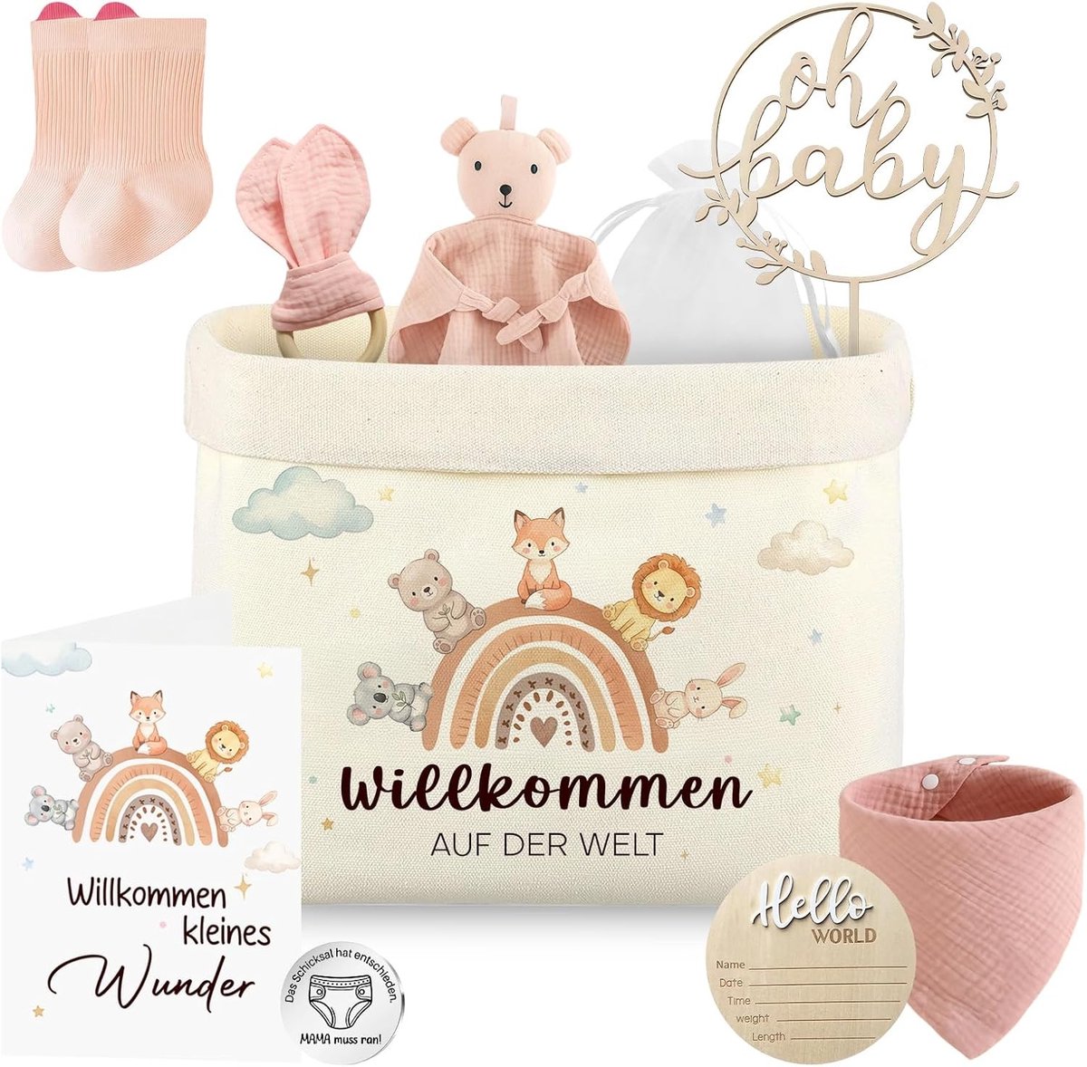 Cadeauset voor pasgeborenen met luiertas, knuffeldoek, sokken en mijlpaalkaarten - perfect voor babyshower en geboorte, roze babycadeau