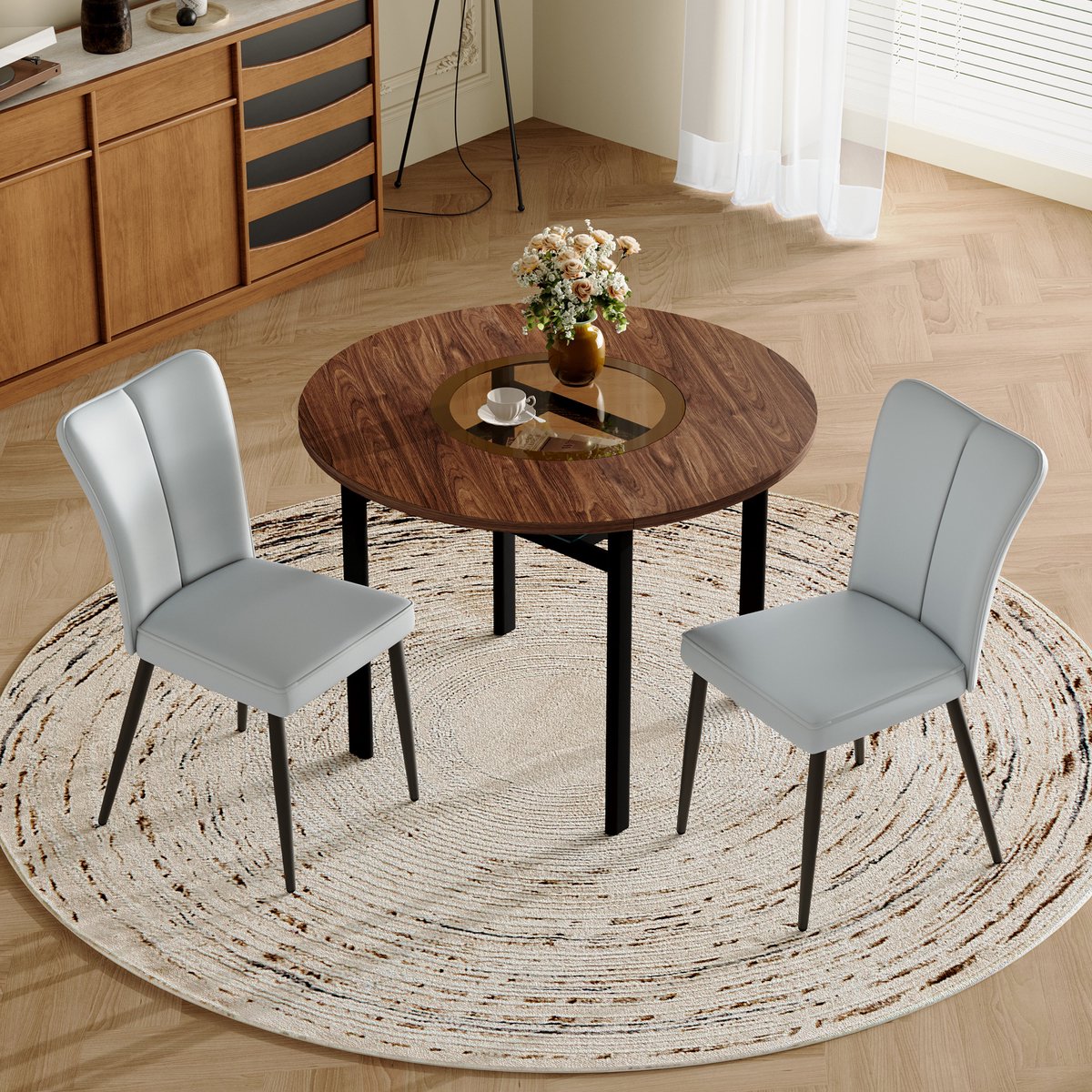 MEUNIQ Ronde eettafelset 100 cm met 2 lichtgrijze stoelen, houtlook tafelblad met glazen i