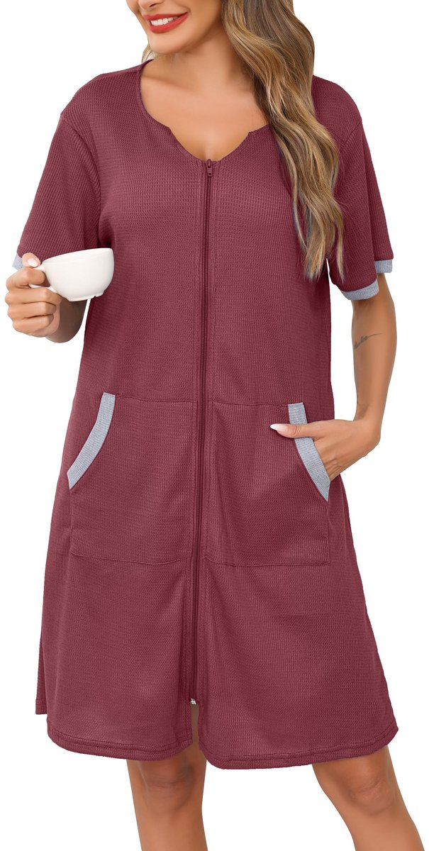 SnelShoppen - Lichtgewicht Vrouwen Rits Robe Wafel Badjas Korte Mouw Knielengte Housecoat met Zakken in Bonen Plakken Roze - Ideaal voor Thuis en Well