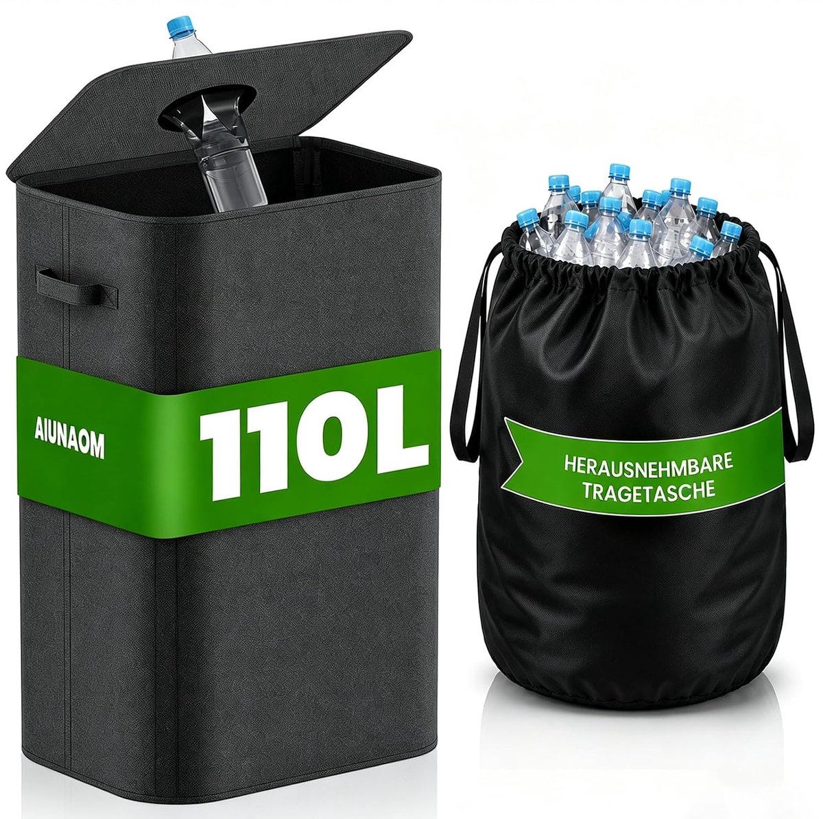 SnelShoppen - 110L Statiegeldflessen Verzamelcontainer met Deksel - Ruime Flessenverzamelaar met Brede Opening - Duurzaam Recyclen in Keuken en Huisho