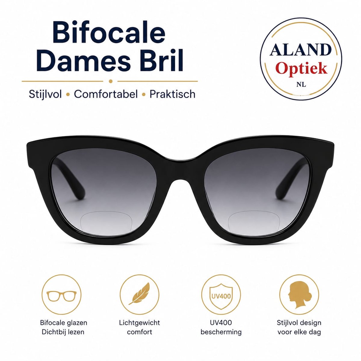Dames zwarte BIFOCALE zonnebril +3,0 met luxe brillenkoker / Zonnebril met leesgedeelte / Multifocale bril met leesgedeelte +3.0 / leesbril met getinte lenzen, vrouwen leesbril / zonnelenzen UV400, Lunettes de Lecture solaire +3 / Aland optiek / 002