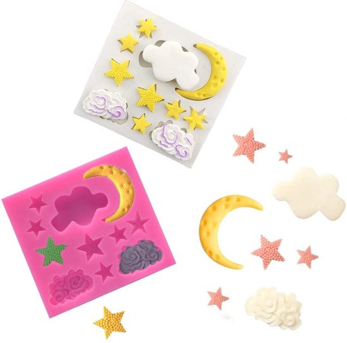 Siliconen Vormen 2 Stuks - 3D Bakvormen - Fondant/Cake Decoratie - Maan/Ster/Wolk - Duurzaam/Makkelijk Schoon te Maken - Geschikt voor Levensmiddelen - Bakvorm