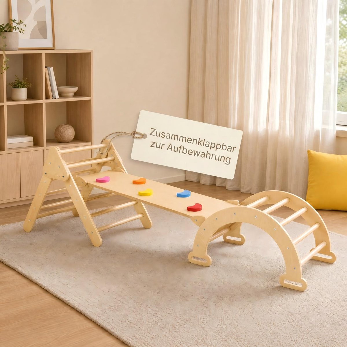 Froadp Waldorf 7-in-1 klimrek, houten klimdriehoek met glijbaan en ladder, Waldorf-stijl, klimboog, indoor houten speelplaats, pedagogische klimplank voor thuis en vrije tijd