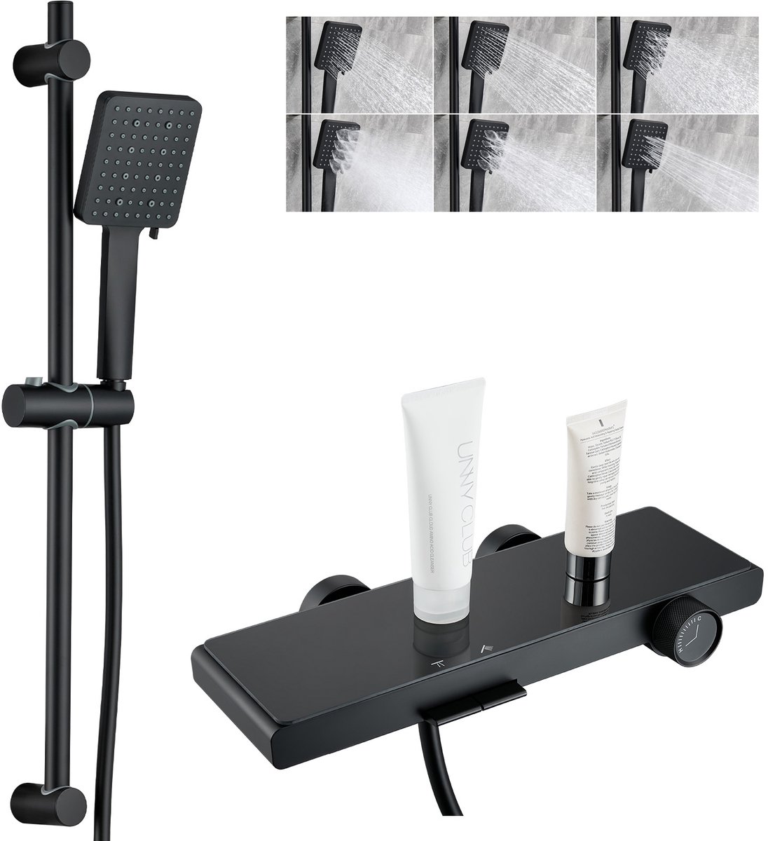 Auralum Max Badkraan Complete Doucheset - Piano Button Douchekraan - 2 Functies - 6 Straalstanden handdouche - Met 70 cm Glijstangset en Groot Plankje - Waterbesparend - Zwart