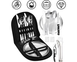 2-Persoons Picknick En Camping Servies Set - Voedselveilig RVS Materiaal - Compacte Opbergtas - Lichtgewicht En Roestbestendig - Complete Borden, Kommen En Bestek - Voor Picknick, Kamperen En Stranduitjes