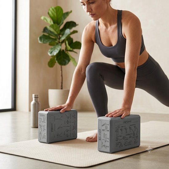 Grijze Pilates blokken yoga blokken set unisex 2 delig EVA schuim antislip yogablokken met yogahouding gids op 6 zijden afgeschuinde randen voor yoga pilates meditatie stretching en balans — afbeelding 5