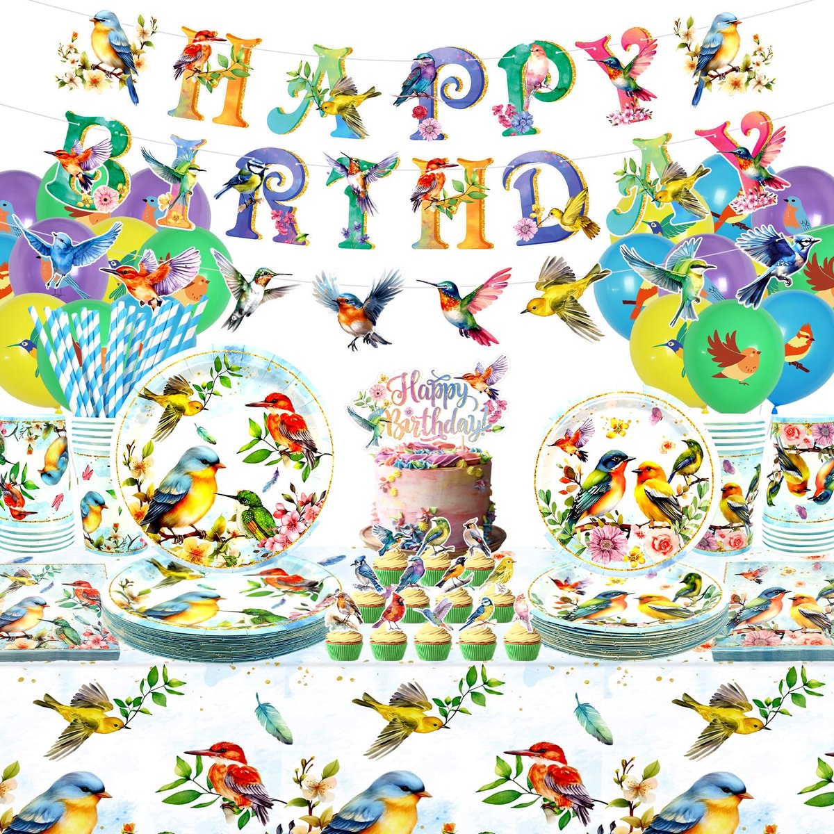SnelShoppen - Vogelfeestbenodigdheden Set met Happy Birthday Banners, Borden, Tafelkleed, Bekers, Ballonnen en Rietjes - Vogelthema Babyshower en Zome