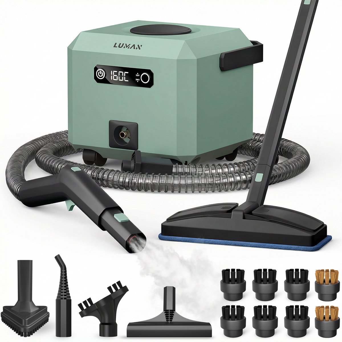 LUMAN Stoomreiniger MAX – 2600W - 60 min Stoomtijd - 2.5L Watertank – Handstoomreiniger & Tapijtreiniger - Groen