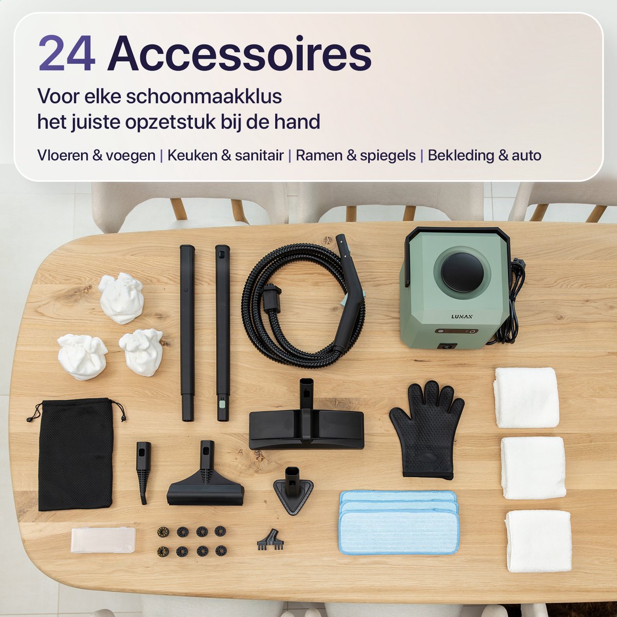 LUMAN Stoomreiniger MAX – 2600W - 60 min Stoomtijd - 2.5L Watertank – Handstoomreiniger & Tapijtreiniger - Groen thumbnail 7