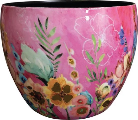 Fuchsia bloempot met een levendige, handgeschilderde bloemenprint in aquarel-stijl en een zwarte binnenkant.