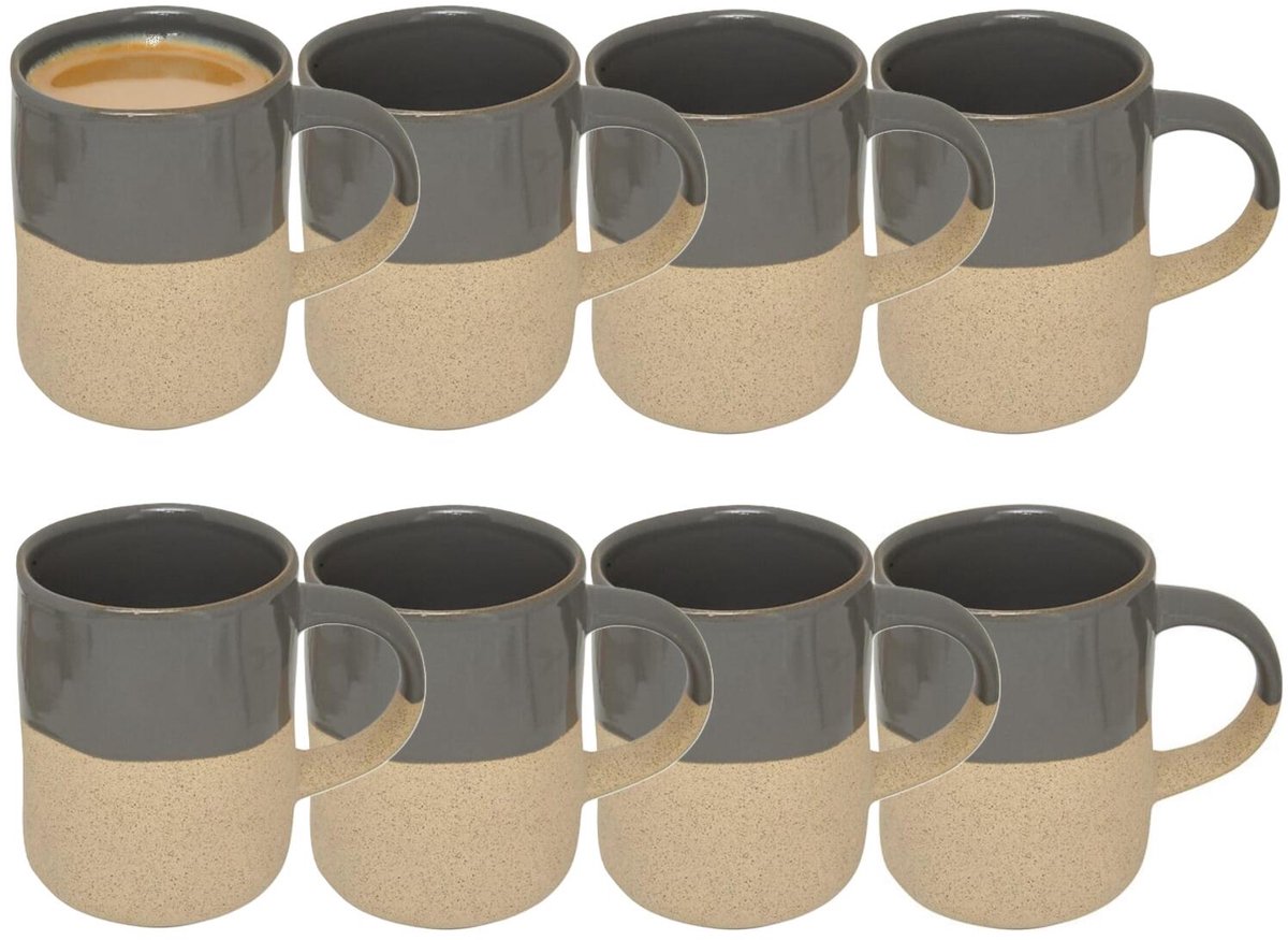 Secret de Gourmet koffie kopjes - Ancient Cairo - 8x stuks - grijs/beige - 340 ml - mokken - keramiek - met stijlvol decoratie motief