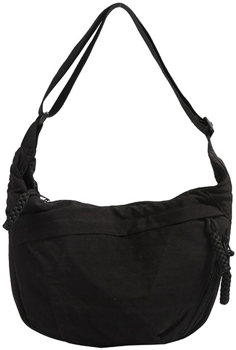 Dames Nylon Halve Maan Tas - Grote Crossbodytas en Schoudertas - Lichtgewicht Festivaltas - Verstelbare Schouderriem - Zwart