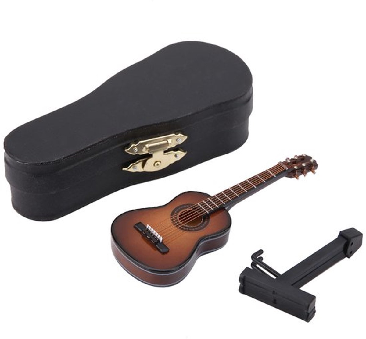 Miniatuur Gitaar 14 cm - Houten Decoratie - Muziekinstrument - Poppenhuis Ornament - Cadeau - Inclusief Stand - Decoratieve Gitaar