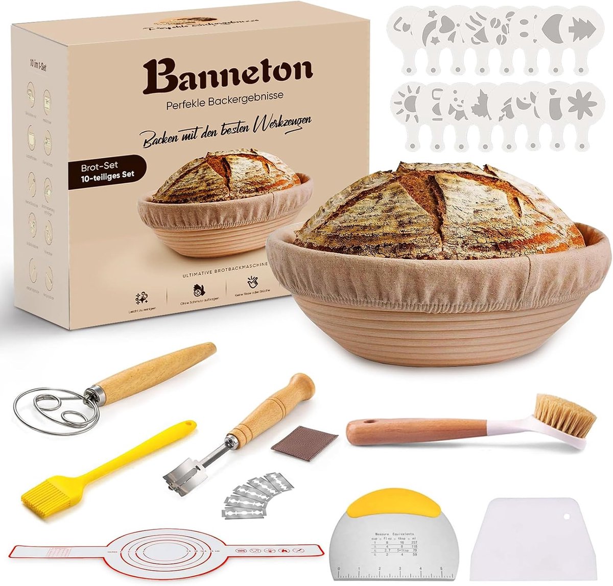 SnelShoppen - Set van 10 Broodgistmandjes 23 cm - Ronde Gistmanden Inclusief Accessoires voor Beginners - Ideaal voor Bakken in Keuken, Feest en Campi