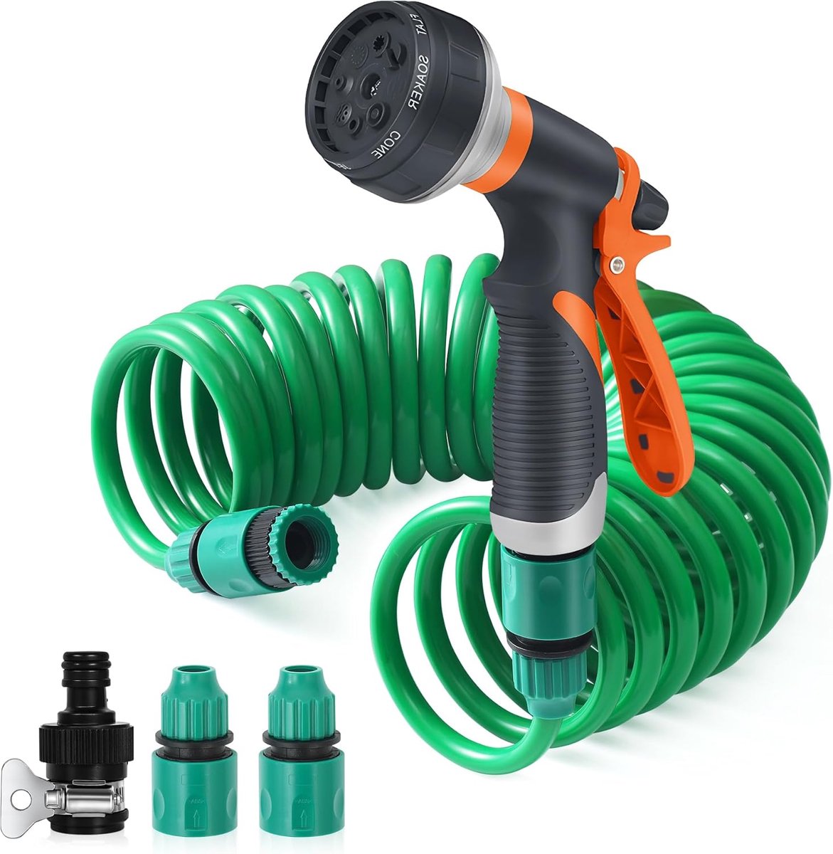 SnelShoppen - Flexibele Tuinslang 7,5 m Spiraalslang Set met 8 Functies, Handdouche, Tuinsproeikop, Tuinirrigatie voor Autowassen, Huisdierdouche, Tui