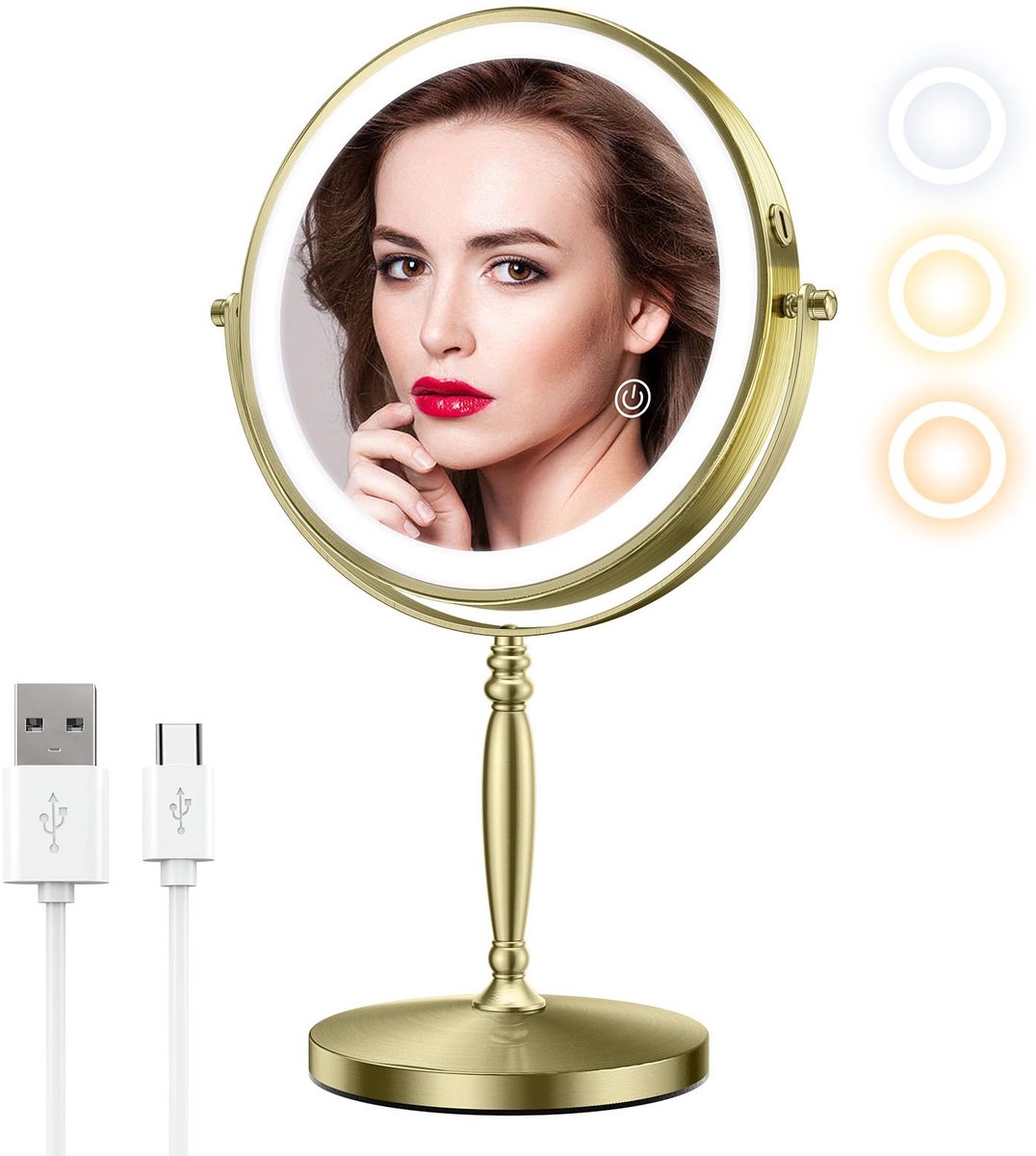 Make-up Spiegel met Lichten - 8 Inch Dubbelzijdige Staande Spiegel met 1X/10X Vergroting en 360° Rotatie