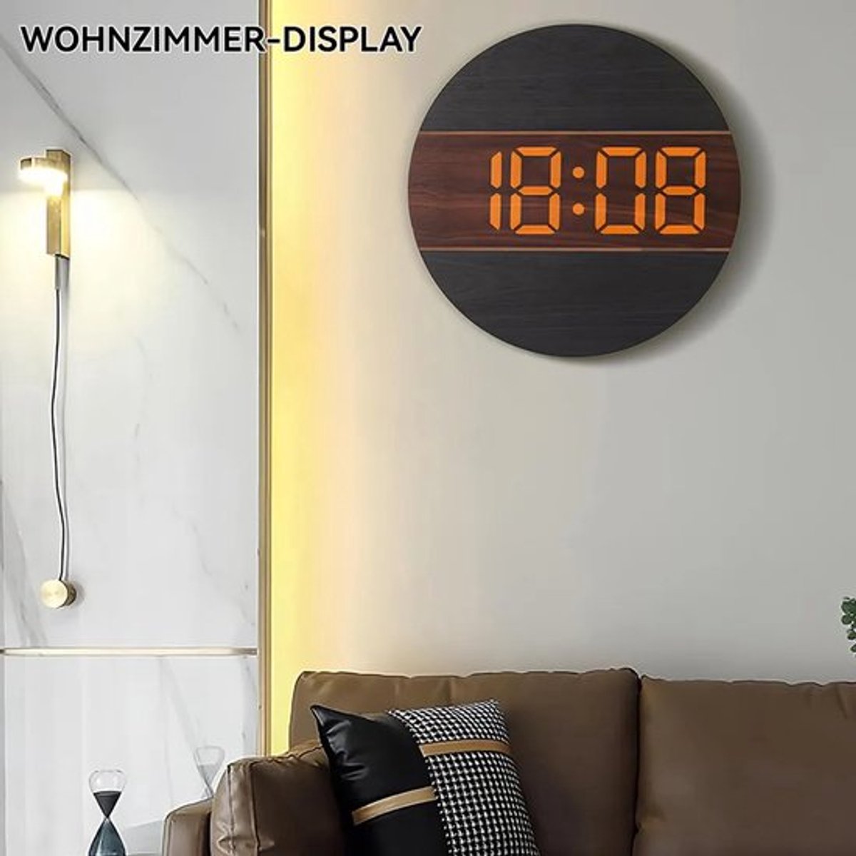 Digitale houten wandklok met groot led-display, automatische dimfunctie, stille werking, ronde vorm, 12/24-uurs weergave, wandmontage, stekker, geschikt voor woningen, woonkamers en kantoren.