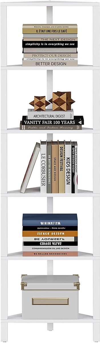 Hoppa! Hoekplank - 6-laags hoge hoekboekenplank - Industrieel - Wit - 26 x 26 x 149 cm (L x B x H)