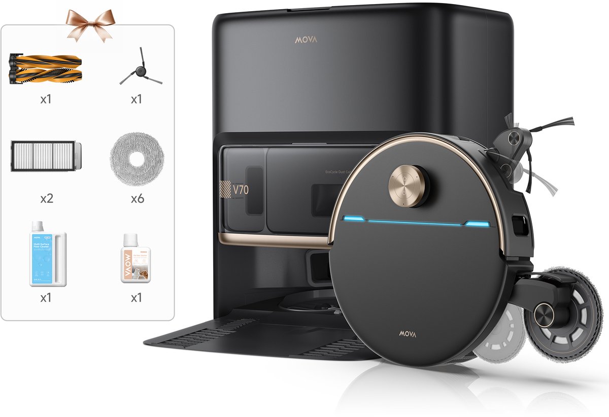 MOVA V70 Ultra Complete X Robotstofzuiger – 42.000Pa – Dweilfunctie – 9cm Obstakel – Zelflerend – Zwart