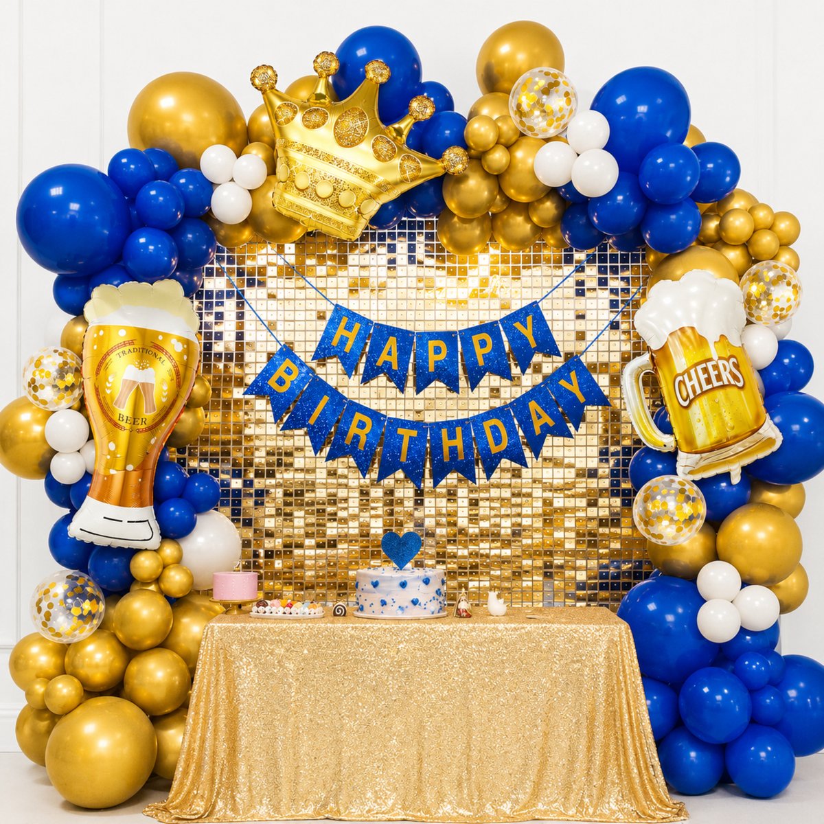 Fienosa Ballonnenboog Verjaardag Bier – 128-delige Ballonnenset Blauw Goud – Feestdecoratie –Thema Feest - Inclusief Folieballonnen & Happy Birthday Banner - Vrijgezellenfeest