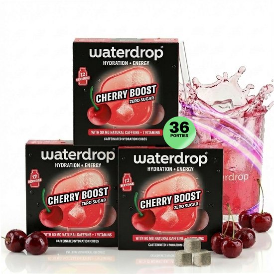 Drie dozen waterdrop Cherry Boost Zero Sugar met 12 servings. Een glas met een roze drankje, kersen en een splash.