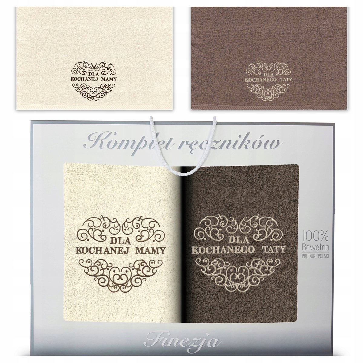 KONEY - Handdoekenset 2-delig - 2 x 50 x 90 cm - Ecru, Bruin - met borduring Mama & Papa - in geschenkdoos