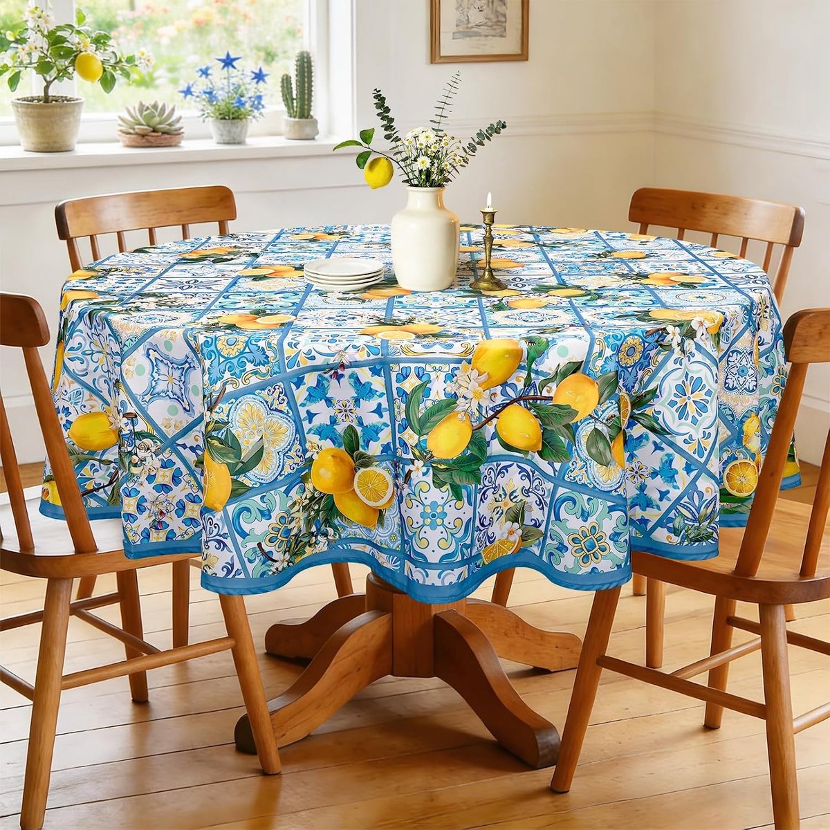 Ronde Tafelkleed 180 x 180 cm Wasbaar Stof met Mediterraan Citroenpatroon voor Keuken, Eetkamer en Tuin Decoratie